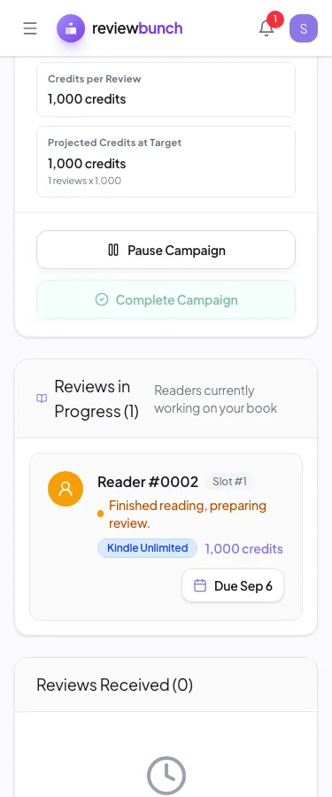 ReviewBunch author dashboard showing A Map of Quiet Hours campaign progress and reader workflow
