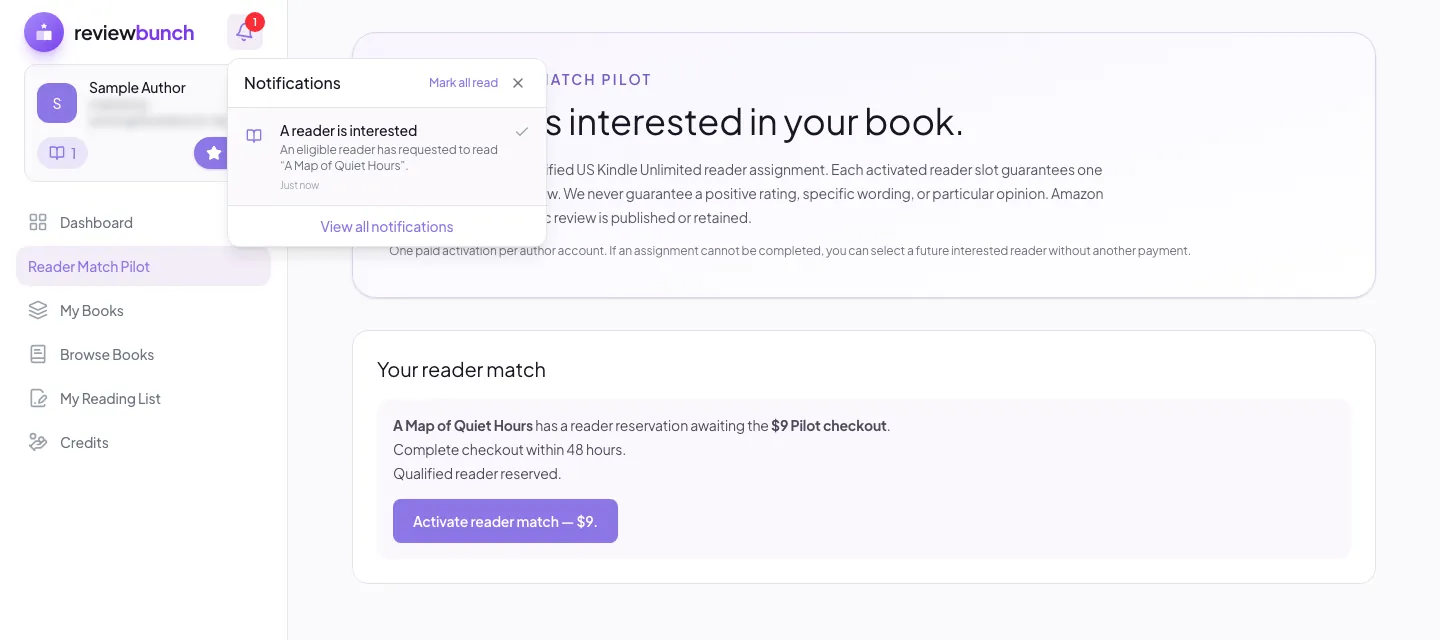 Author activating a one-time reader-match Pilot