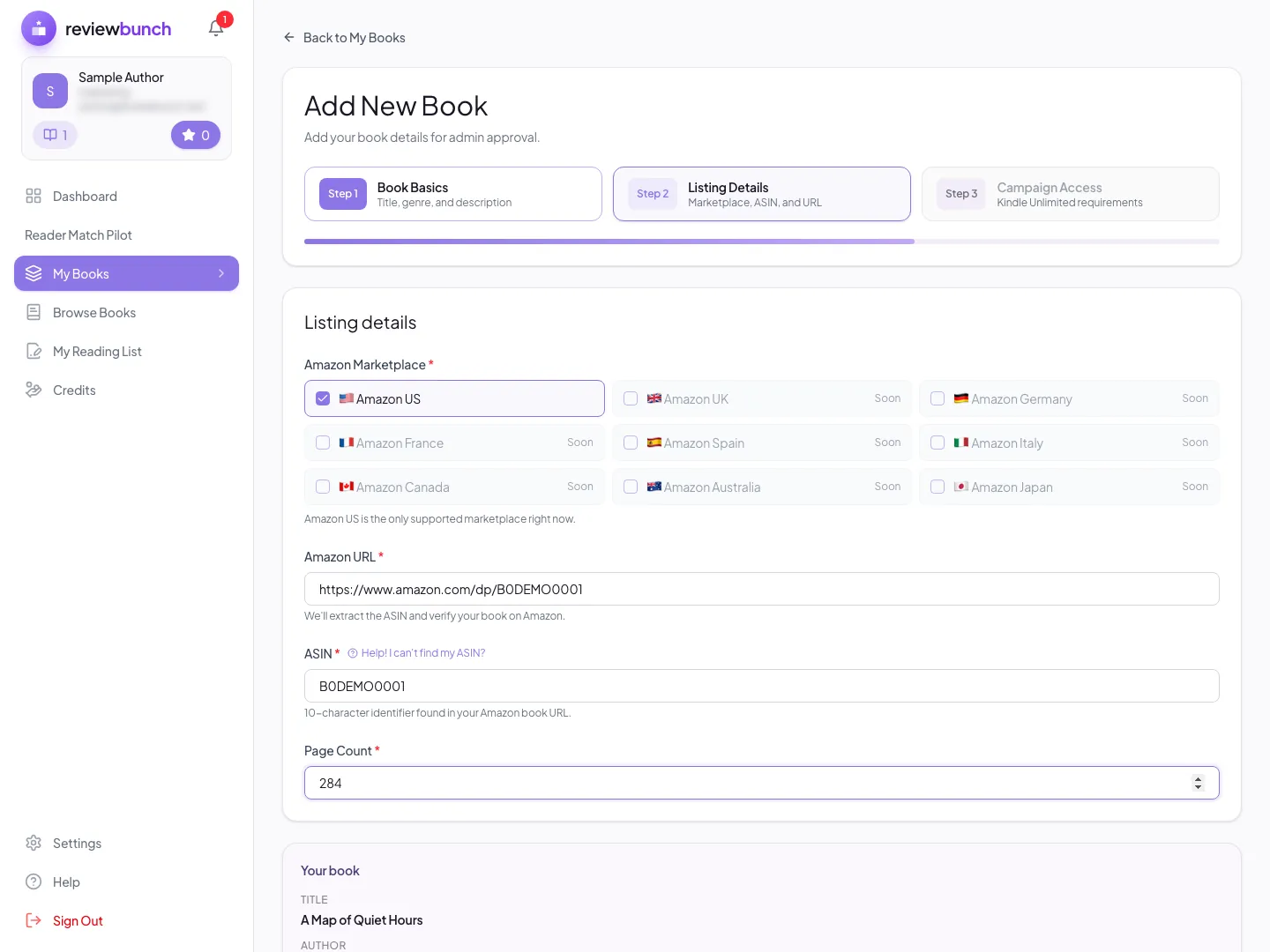 ReviewBunch form for listing a new book